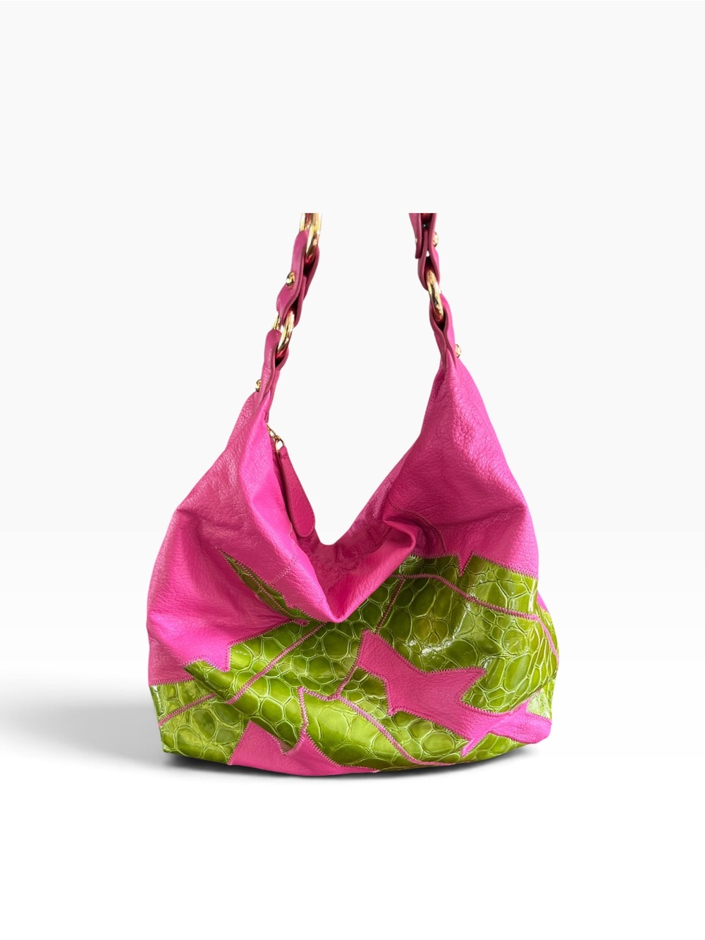 Vintage Chi by Falchi Bold Pink & Green Leather Hobo Bag
